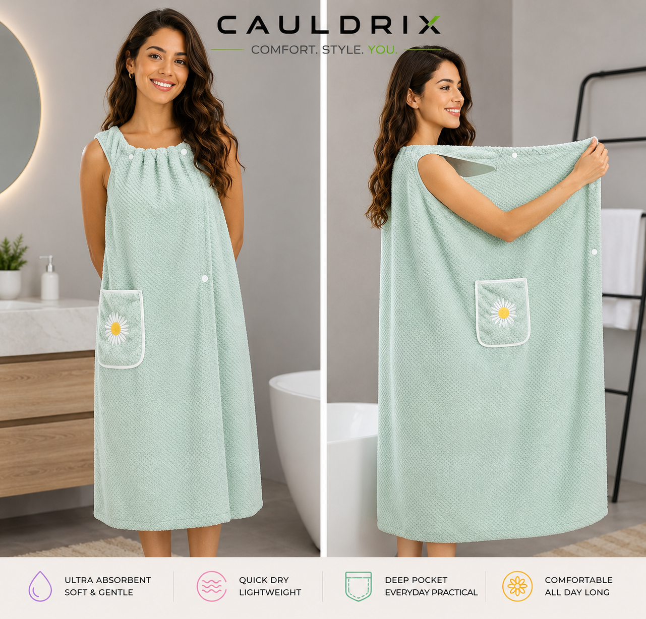 Cauldrix™ CloudWrap Wearable Bath Towel – Soft, Quick-Dry Spa Robe