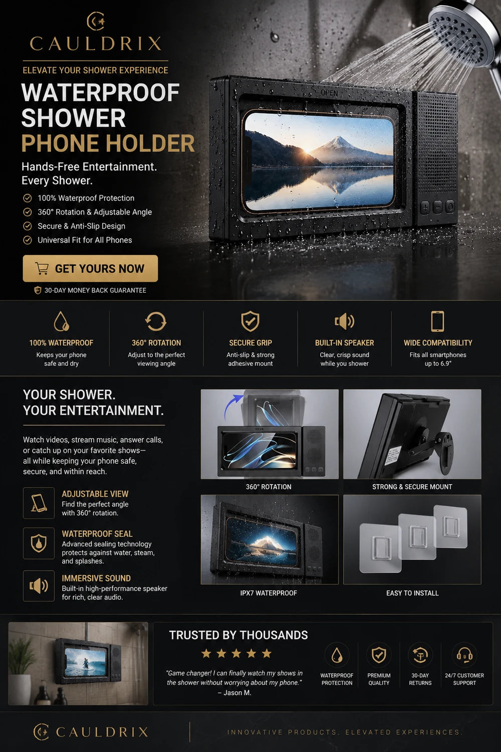 Cauldrix™ AquaSound Pro Waterproof Bluetooth Shower Phone Mount