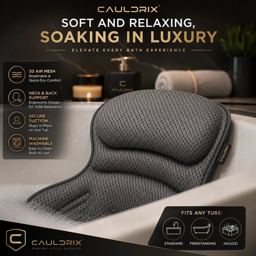 Cauldrix™ SpaCloud Luxury Bath Pillow with 3D Air Mesh | Non-Slip Suction Cups, Neck & Back Support,