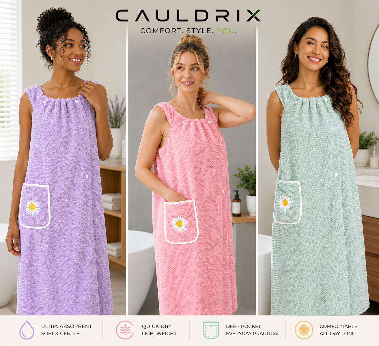 Cauldrix™ CloudWrap Wearable Bath Towel – Soft, Quick-Dry Spa Robe