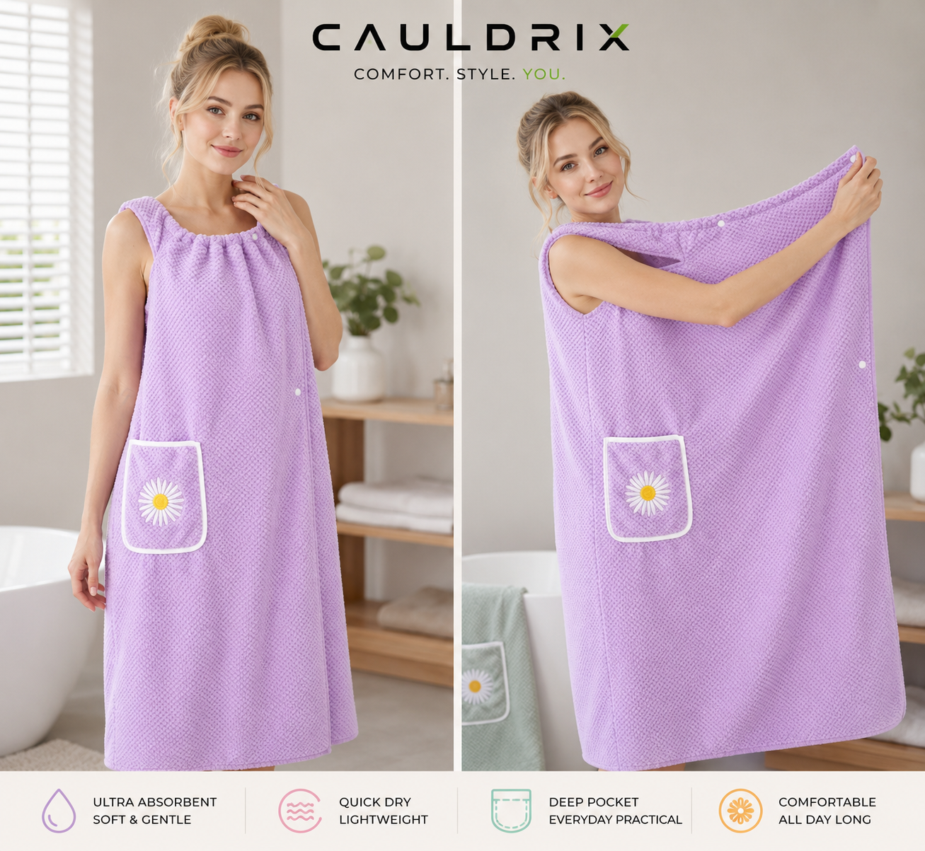 Cauldrix™ CloudWrap Wearable Bath Towel – Soft, Quick-Dry Spa Robe