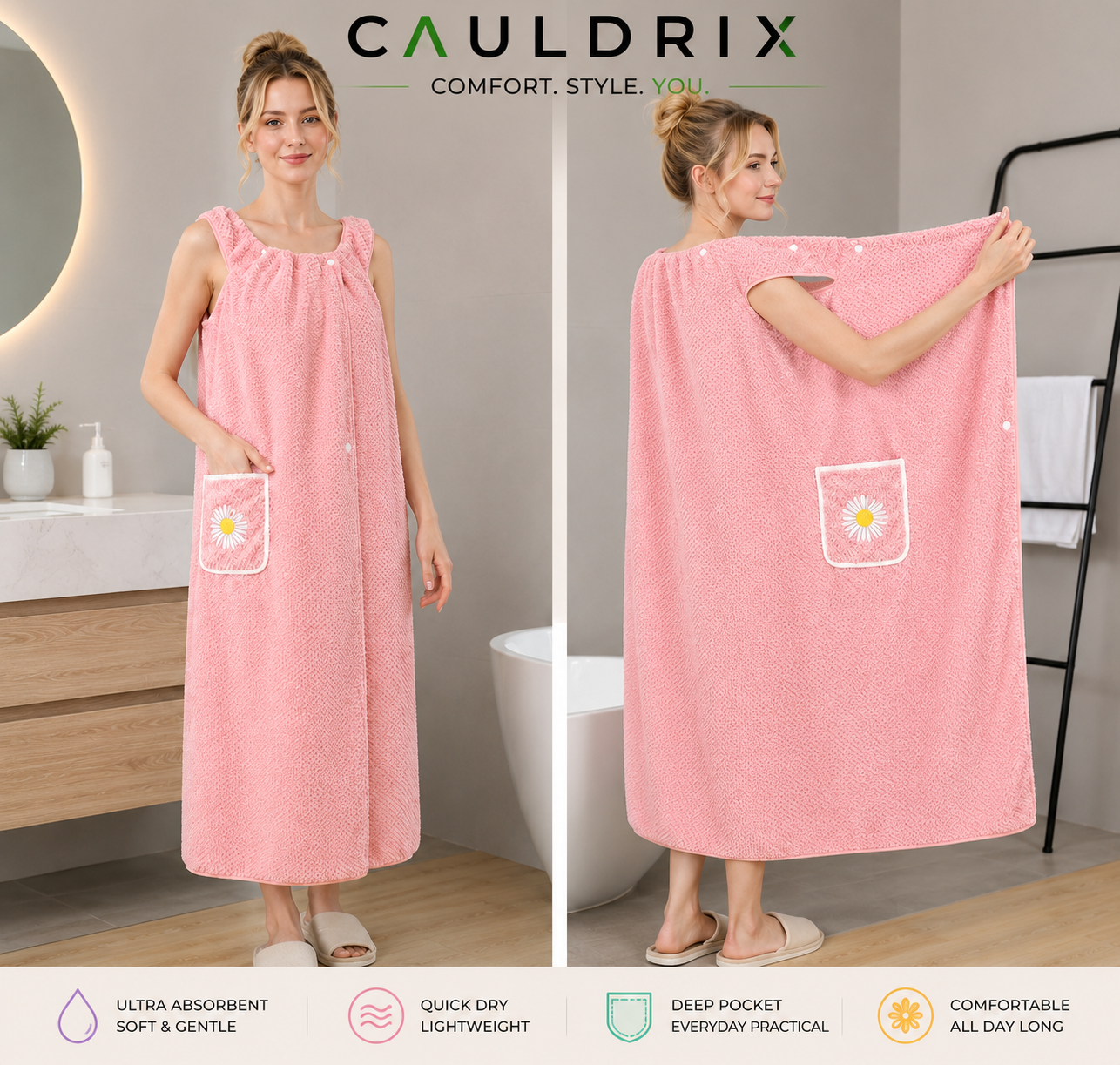 Cauldrix™ CloudWrap Wearable Bath Towel – Soft, Quick-Dry Spa Robe