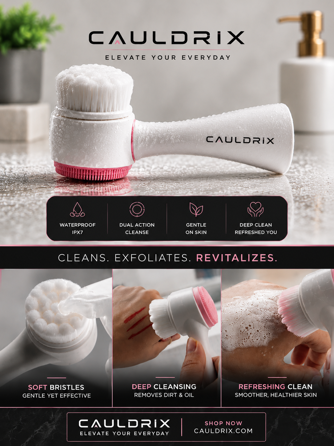 Cauldrix™ PureGlow 3D Double-Sided Silicone Facial Cleansing Brush | Soft Bristles, Gentle Exfoliation & Facial Massage