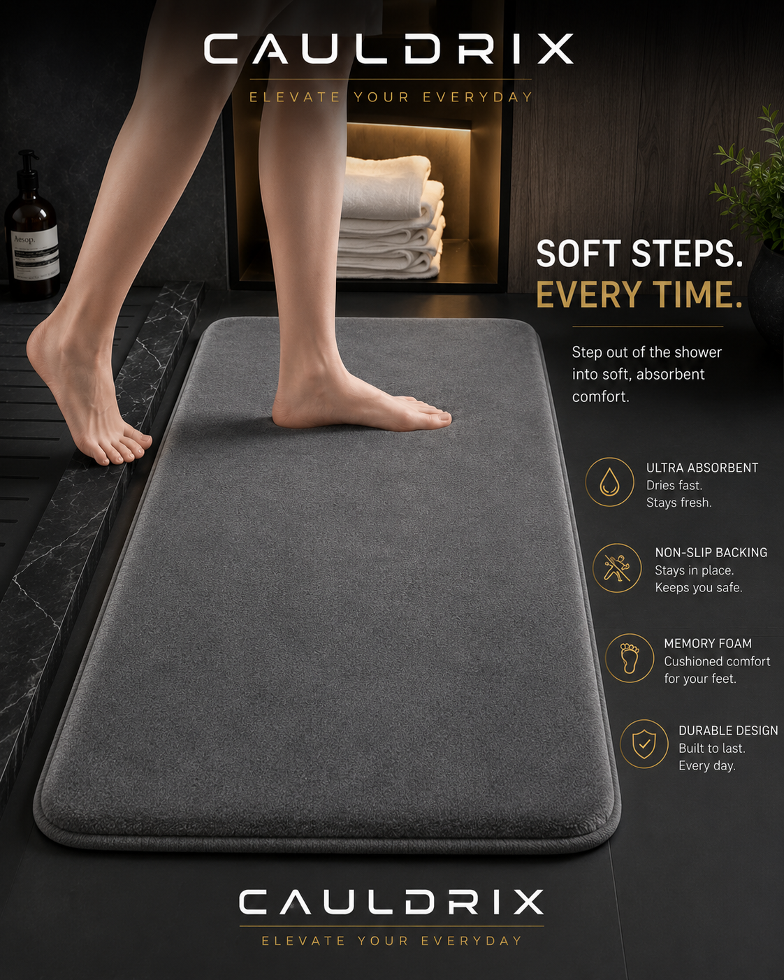 Cauldrix™ CloudStep Memory Foam Bath Mat – Quick-Dry & Non-Slip Bathroom Rug