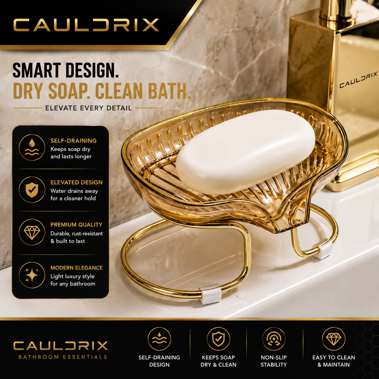 Cauldrix™ Luxury PureFlow Self-Draining Soap Dish