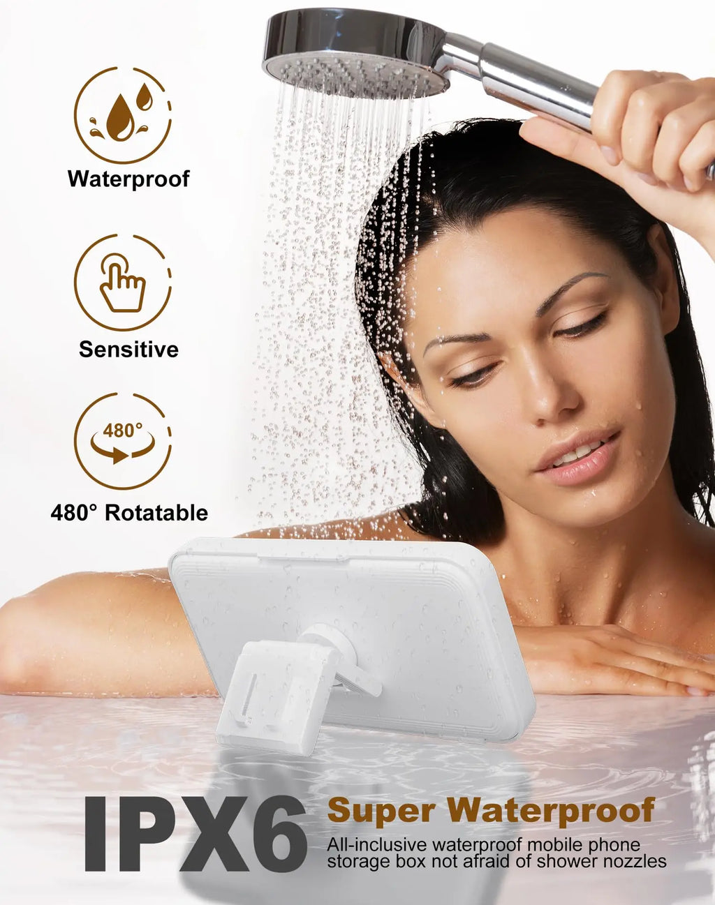 Cauldrix™ AquaView 360 Shower Phone Holder with Speaker  480 Rotation, Wall Phone Mount for Shower Waterproof Anti Fog Shower Case for 4-7" Phones