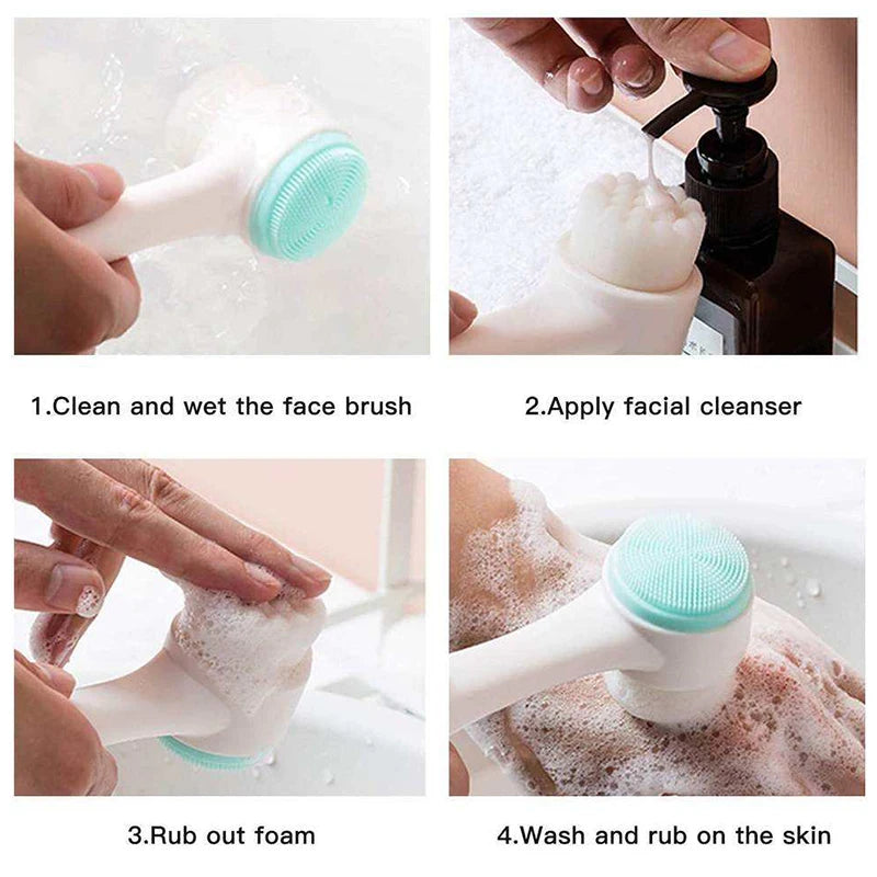 Cauldrix™ PureGlow 3D Double-Sided Silicone Facial Cleansing Brush | Soft Bristles, Gentle Exfoliation & Facial Massage