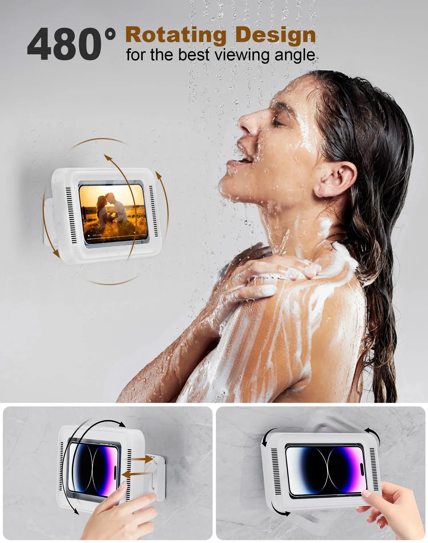 Cauldrix™ AquaView 360 Shower Phone Holder with Speaker  480 Rotation, Wall Phone Mount for Shower Waterproof Anti Fog Shower Case for 4-7" Phones